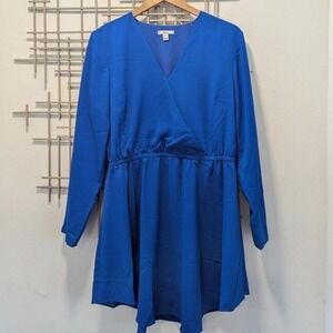 Royal Blue Surplice V-Neck Long Sleeve Elastic Waist Mini Dress Sz L Curved Hem